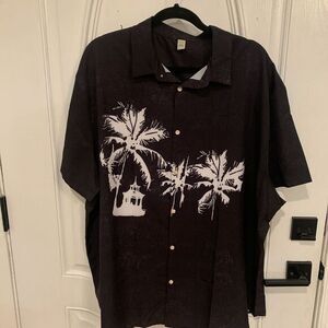 Mens Black Palm Tree Collared Short Sleeve Button-Up Shirt Size 4XL